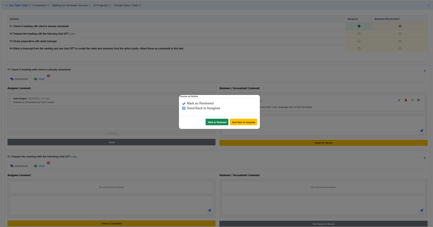 Choose an action for reviewer in OneVision