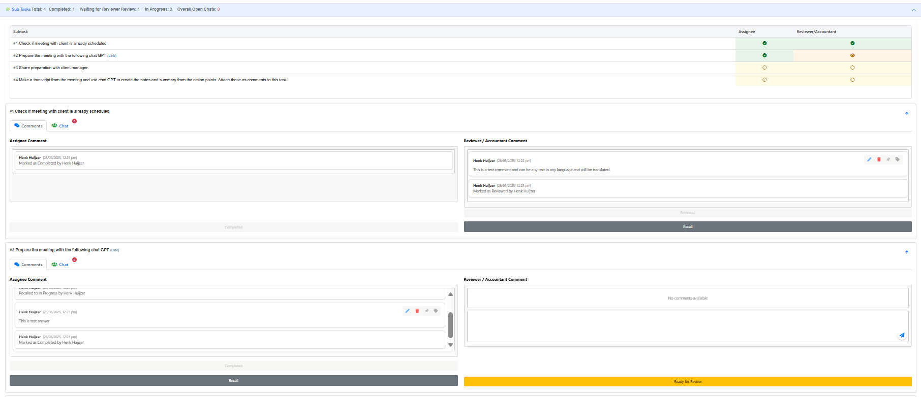 Insight in status for maintask OneVision